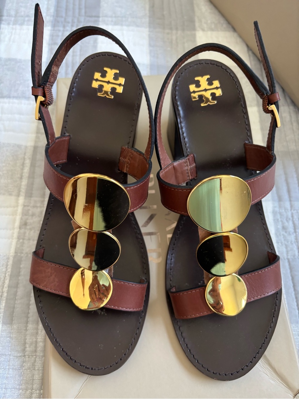 Tory Burch Brown Leather Sandals with Gold Disc Accents